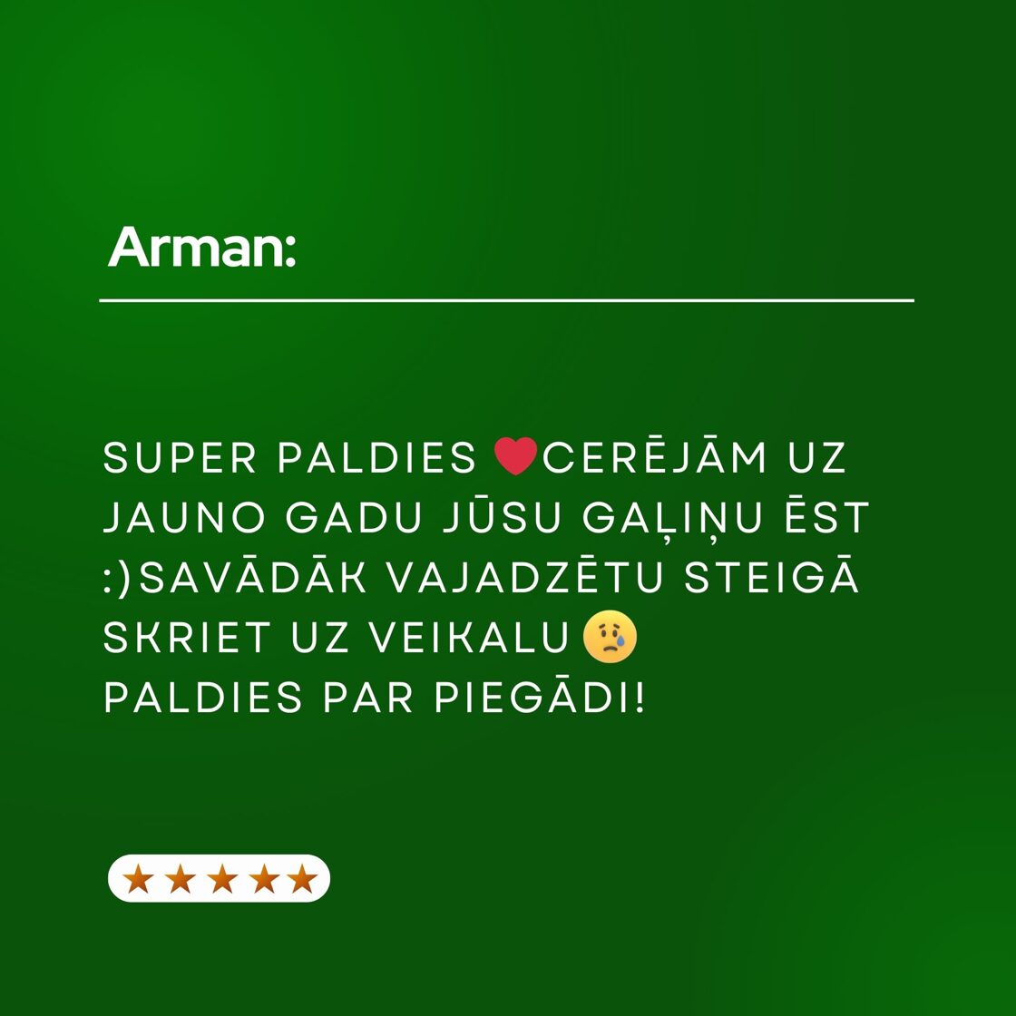 super paldies, paldies par piegādi. cerējām uz jauno gadu jūsu gaļiņu ēst :) savādāk vajadzētu steigā skriet uz veikalu :(